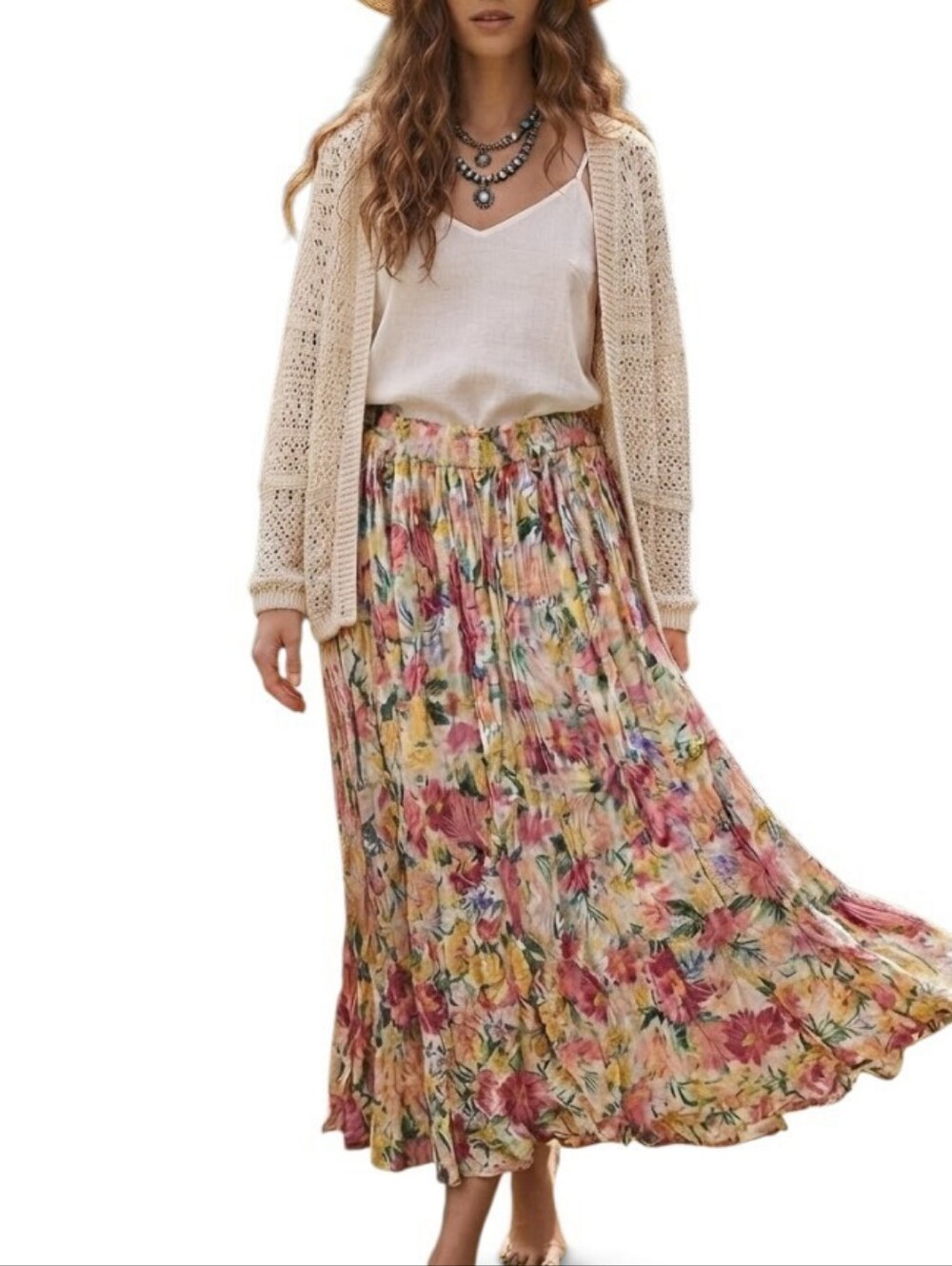 Vintage 90s New Mints Floral Crinkle Cotton Midi Broom Skirt Multi Medium